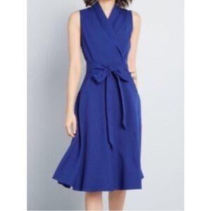Liza Luxe Blue Purple Sleeveless Collared Faux Wrap Belted Midi Dress Size XS